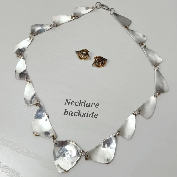 Vintage Sterling Silver Bronze Swirl Hand wrought Modernist Necklace Earring Set - Picture 13 of 15